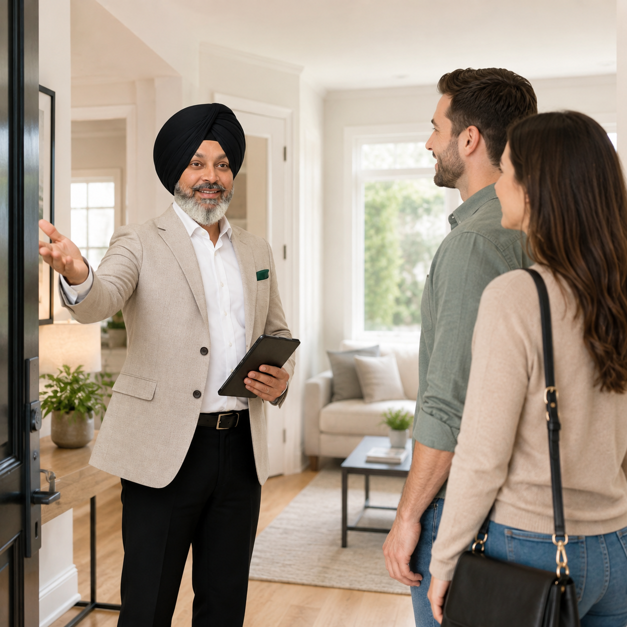 Mani Mahitt showing a home to prospective buyers